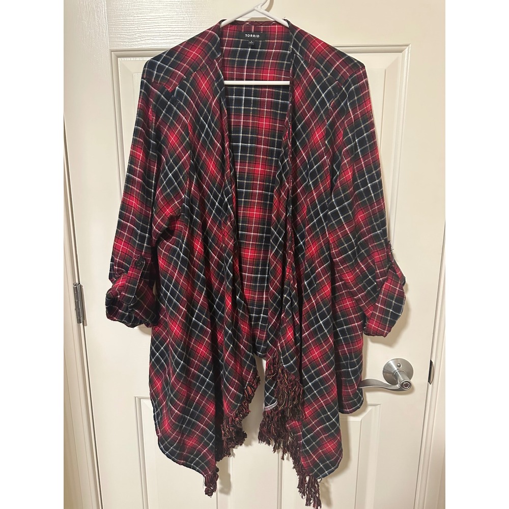 Torrid Cardigan Womens 1 Red Plaid Waterfall Fringe Roll Tab Sleeve Cotton Wrap